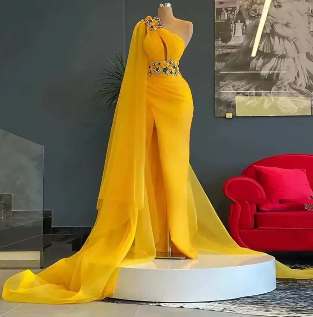 High Quality Yellow Prom Dress One Shoulder Appliques Slit Tulle Plus Size Women Long Formal Evening Party Elegant Gowns