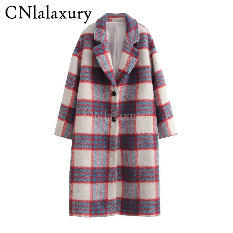 CNlalaxury 2023 Autumn Winter Women New Check Long Woolen Overcoat Fashion Retro Lapel Loose Thickening Warm Female Trench Coat