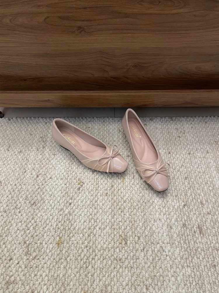 minimalist-nude-leather-knot-flat-bottom-shoes-square-head-commute-versatile-gentle-open-toe-single-shoes-for-women