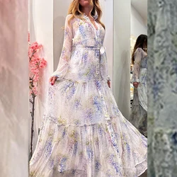 Women Fashion Floral Printed Chiffon Dress Sexy V-neck Long Sleeve Waist Party Dress Elegant Single-breasted Lace-up Long Dress