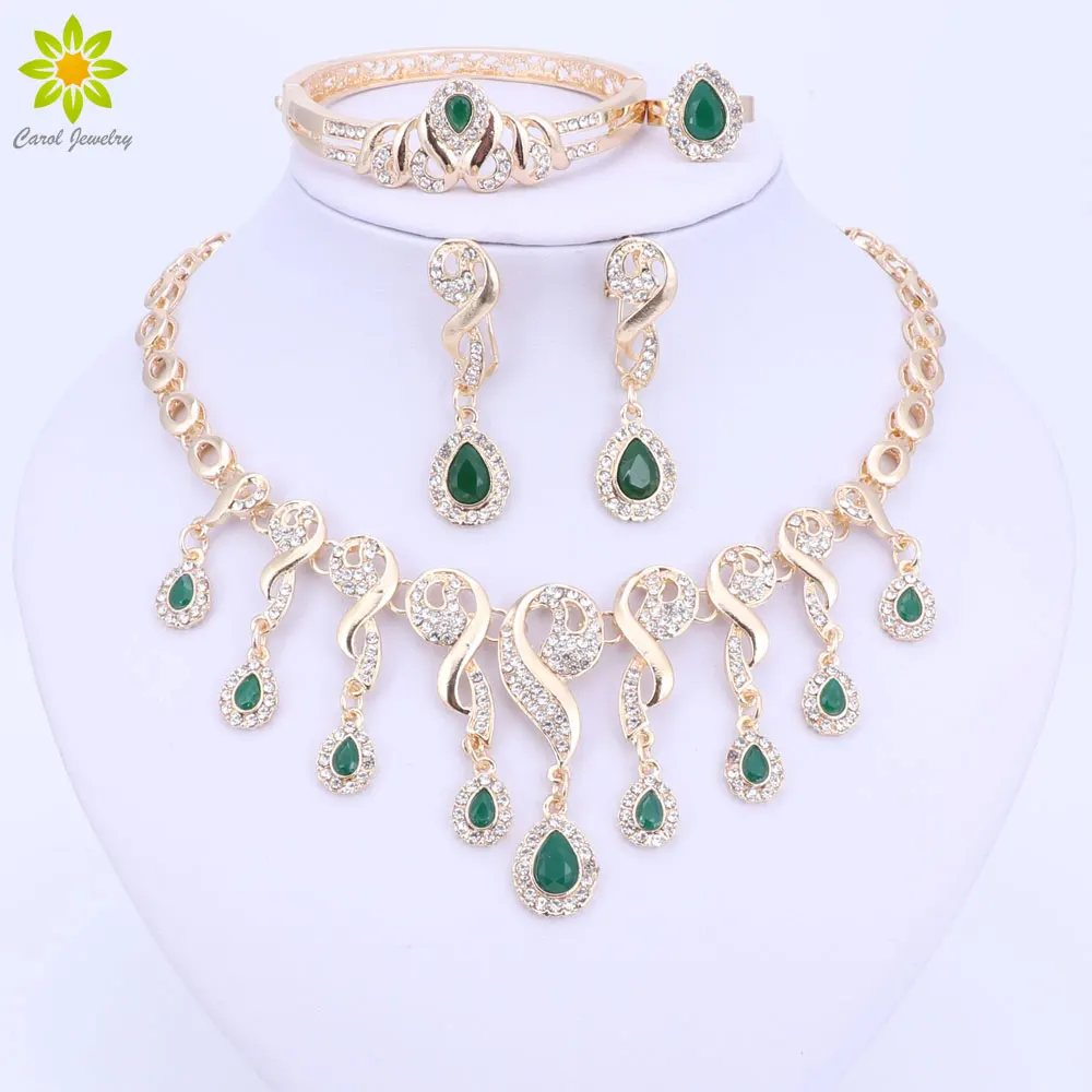 Gold Color Crystal African Beads Jewelry Sets For Women Dress Accessories Wedding Bridal Necklace Earrings Bracelet Ring Sets