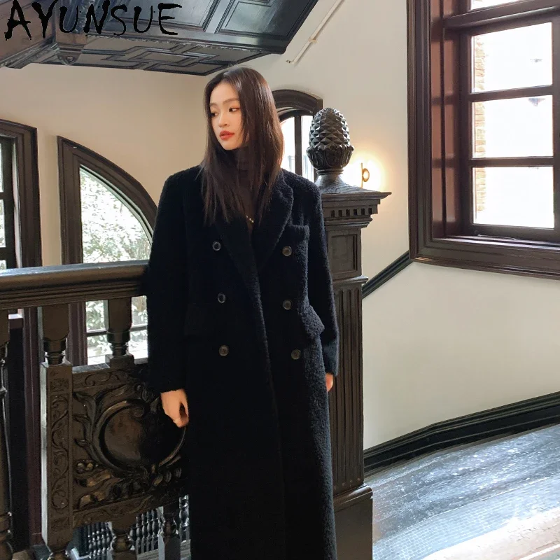 

AYUNSUE New Fashion 100% Sheep Shearing Jackets for Women 2023 Winter Fashion Wool Coat Elegant Black Long Fur Coats Suit Collar