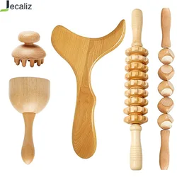 5 in 1 Wood Therapy Massage Tool Lymphatic Drainage Massager Anti Cellulite Fascia Massage Roller for Full Body Muscle Relaxatio