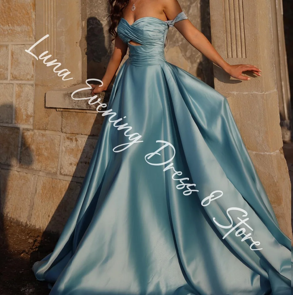 Customized Delicate Satin A-Line Off the Shoulder Evening Dresses Strapless Sleeveless Panel Train Special Occasion Gowns