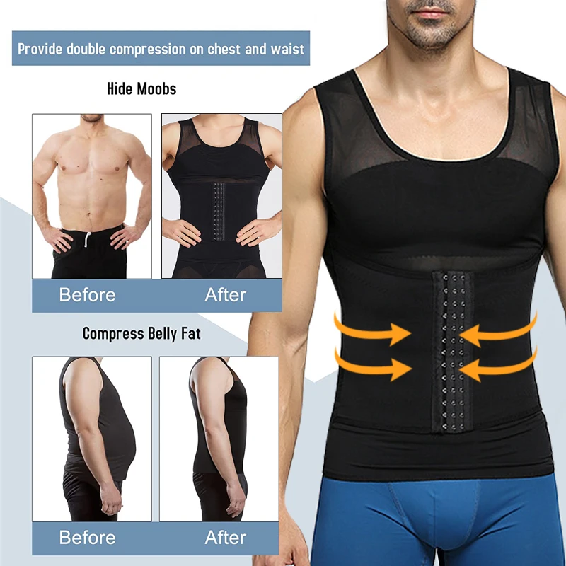 Mens Body Shaper Compression Vest Abdomen Shapewear Slimming Sheath Tummy Control Corset Waist Trainer Tank Tops with Buckle