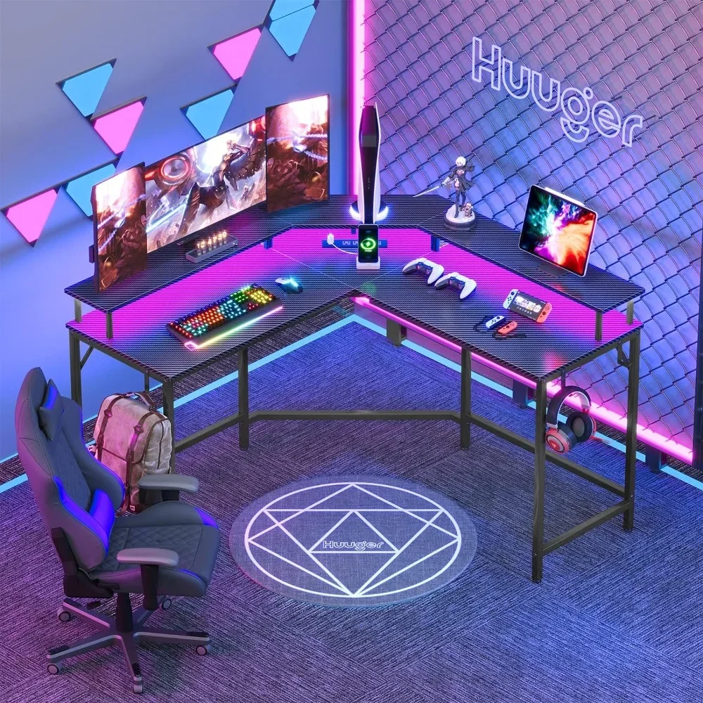 Huuger L Shaped Gaming Desk  Power Outlets & LED Lights, Computer Desk Monitor Shelves, Carbon Fiber Surface,  Hooks