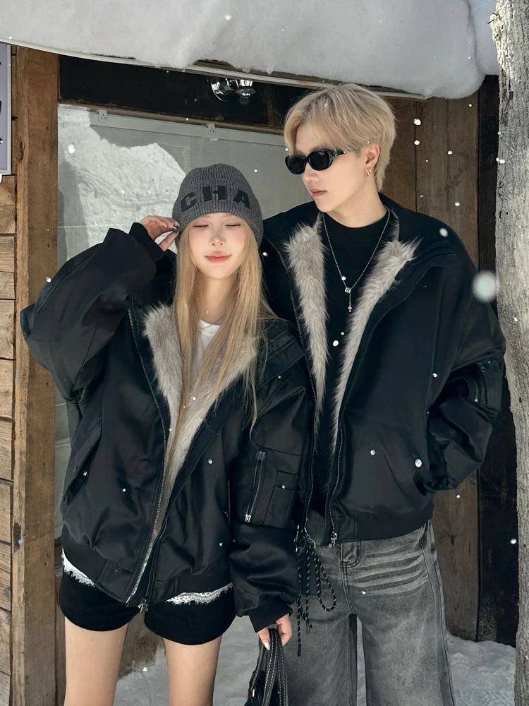 

Retro American Couple Winter Clothes Pilot Leather Jaet Thiened Cool Looking Mountain Eagle Embroidery Fce Lined Jaet