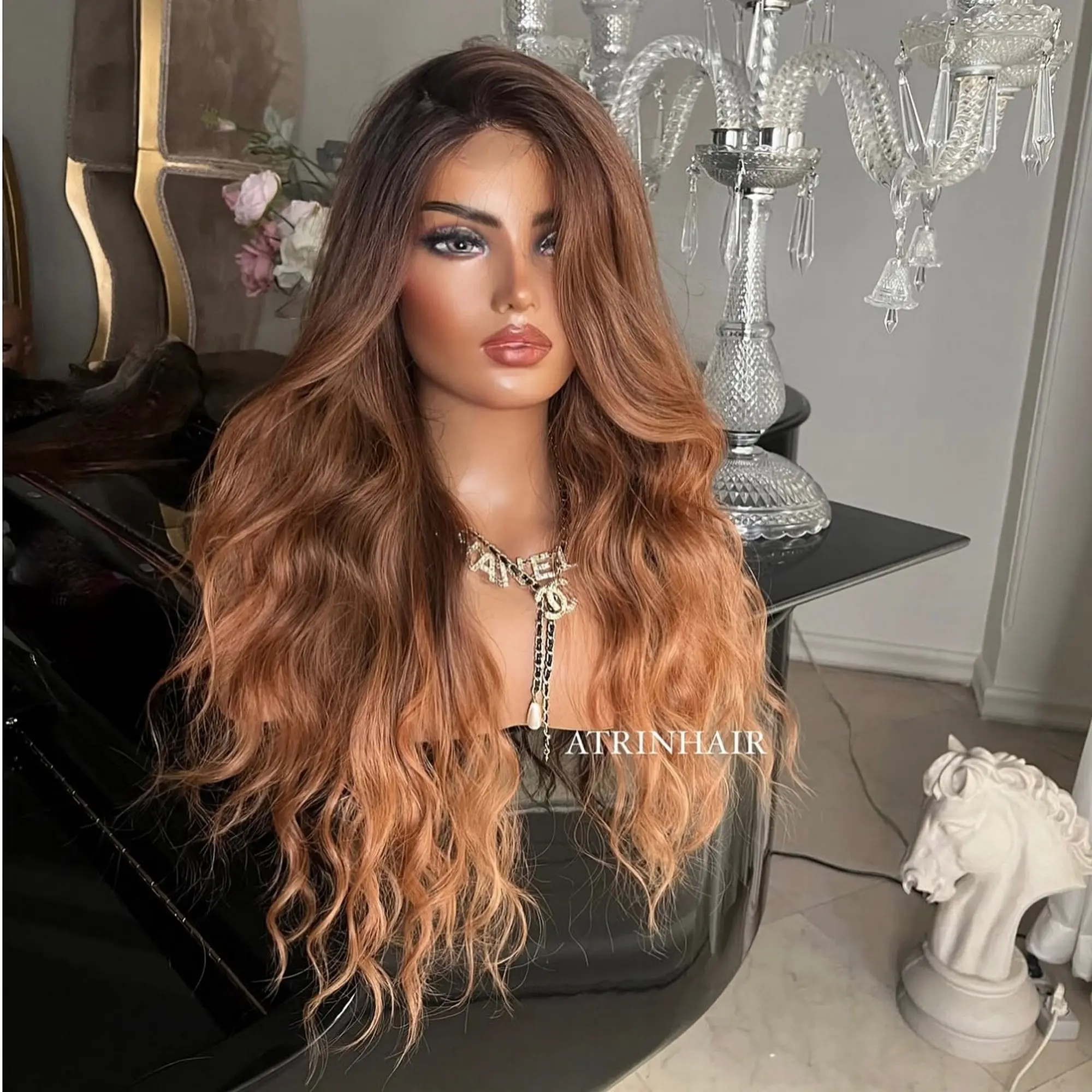 

Party Daily Wig Ombre Honey Brown HD Synthetic Lace Front Wig For Women 24 Inches Natural Loose Wave Wig Heat Resistant Wigs