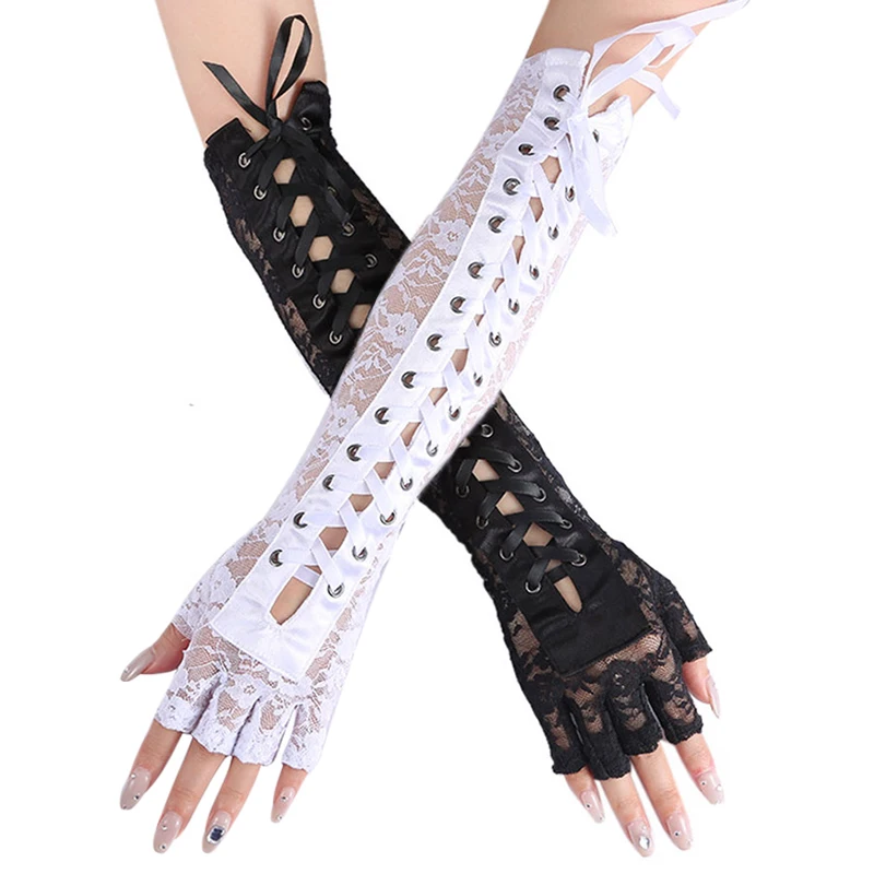 

Sexy Lace Gloves Women Gothic Arm Elbow Long Glove Half-Finger Ribbon Fingerless Fishnet Mesh Ceremonial Party Lolita Mittens