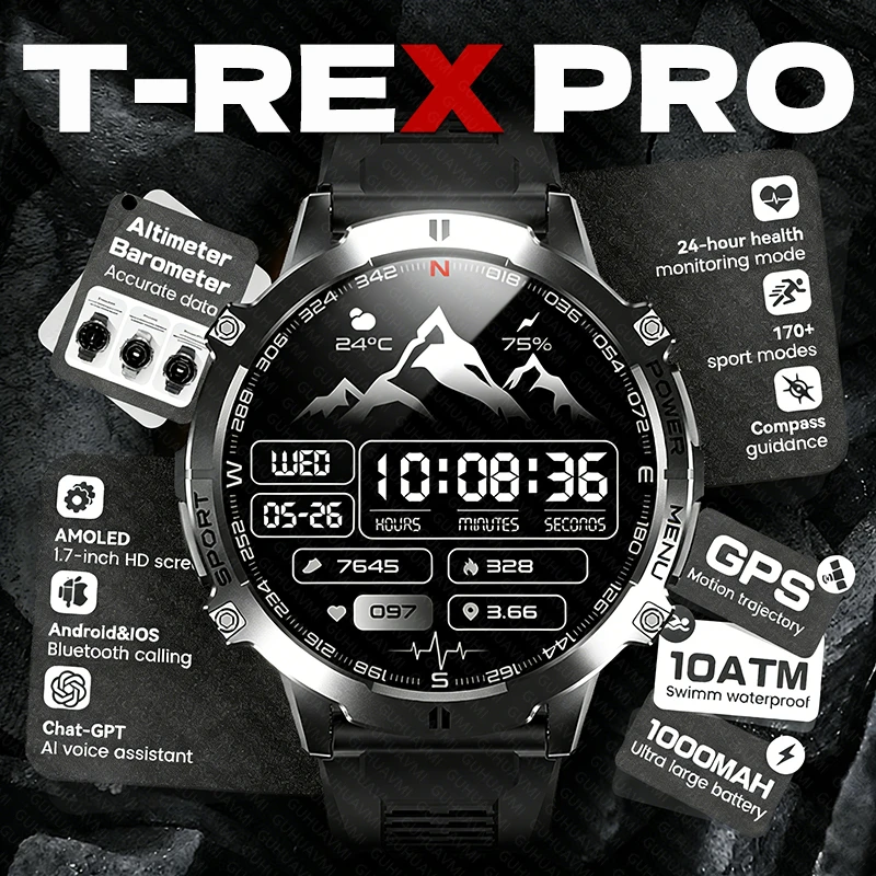 New Men Military GPS T-REX3 PRO Smart Watch Outdoor 1000mAh Large Battery 10ATM Waterproof Bluetooth Call AMOLED HD Smartwatches