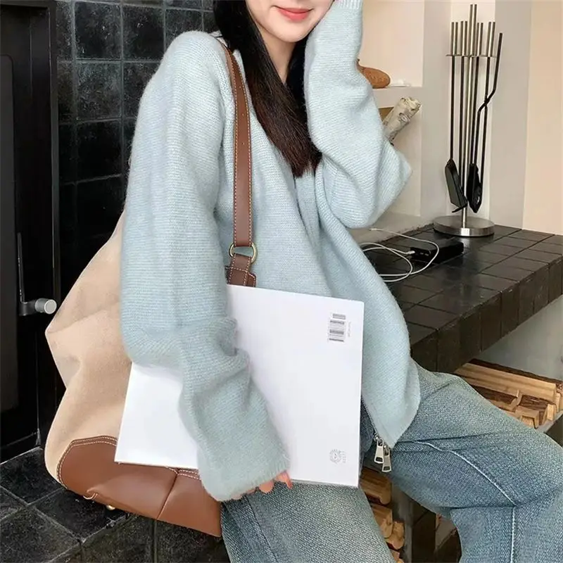 

Осень-зима, новая мода, однотонный кардиган с круглым вырезом и длинными рукавами, женская одежда, вязаная молния, трендовые шикарные корейские свободные топы