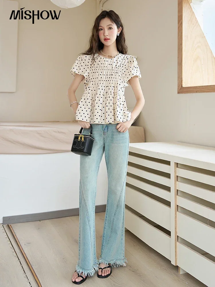 MISHOW Polka Dot Blouses for Women 2023 Summer French Flying Sleeve O Neck Elastic Folds Loose Retro Female Doll Top MXC39X1291