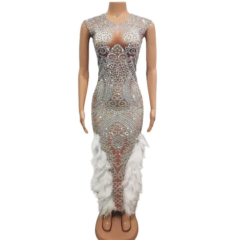 Luxury Rhinestones Split Feather Long Dress Women Evening Celebrate Birthday Prom Outfit Singer Model Stage Performance Costume