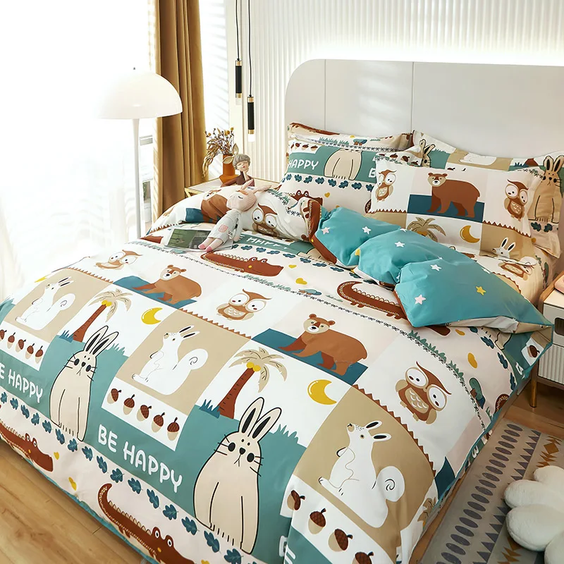 Cartoon Animal Moon Duvet Cover Soft Cotton Bedding Set,Rabbit Owl Trees Plaid Comforter Cover Reversible Printed Quilt Cover