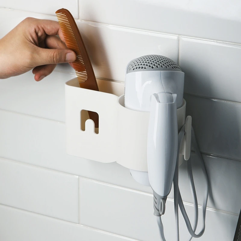 

Wall Mounted Hair Dryer Holder No Drill Bathroom Organization Plastic Multifunctional Home Storage Shelf Shower Room Accessories