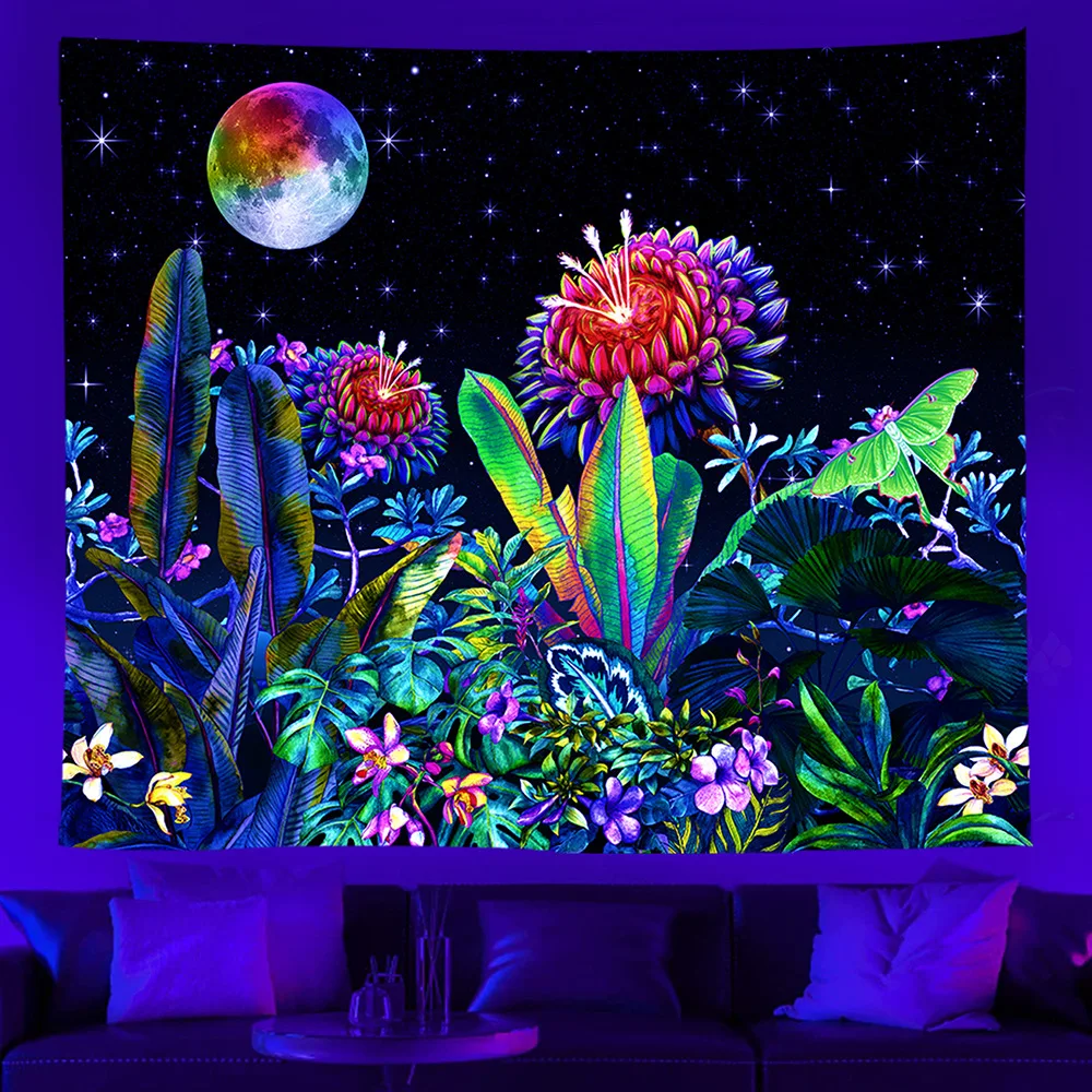 Halloween Party Skull Plant Moon Fluorescent Tapestry UV Luminous Skeleton Psychedelic Mushroom Tapestry Wall Cloth For Bedroom