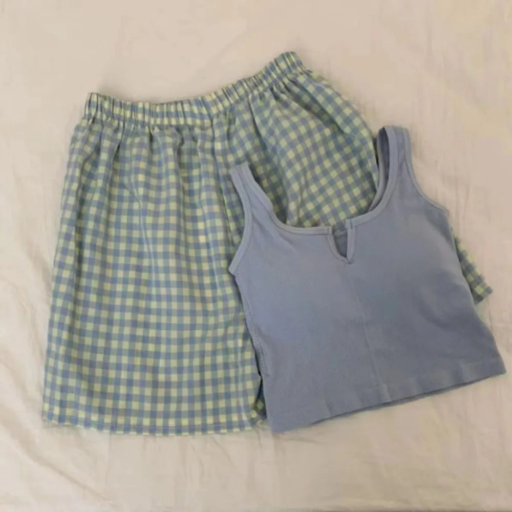 

Fashion Plaid Floral Striped Pajamas V-neck Sleeveless Shorts Camisole Suit Home Clothes Sweet Flower Pajama Sets Girl