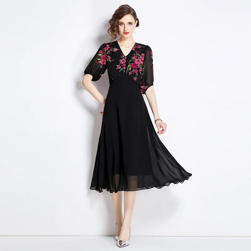 New Elegant Women V Neck High Waist Midi Dress Vintage Summer Flower Print Button Deco Puff Sleeve Chiffon Black Party Vestidos