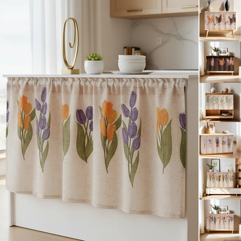 

Linen Drape Printed Short Curtain Living Room Simple Style Decoration Cabinet Dust-proof Cover Curtain No Need To Drill Holes