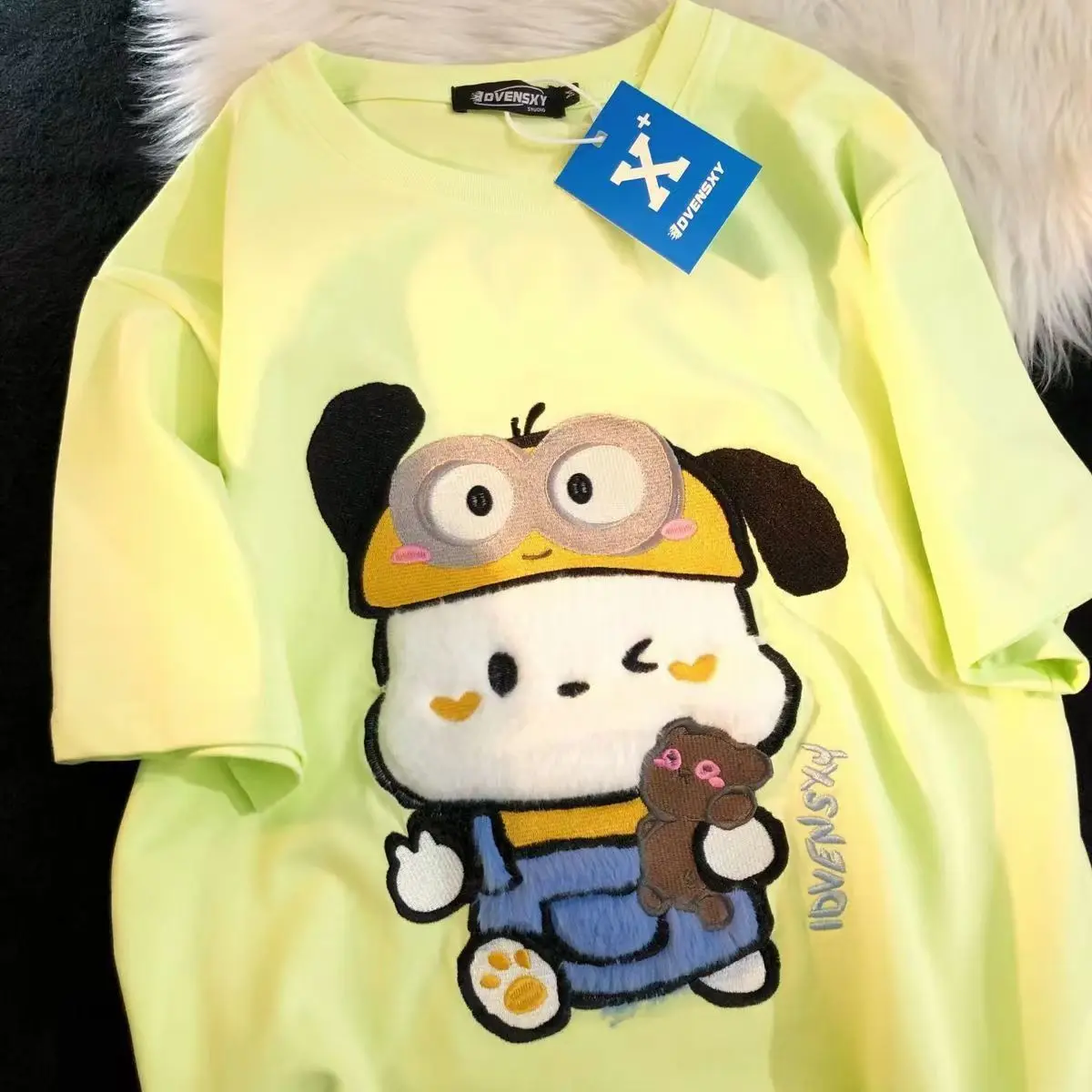 Bonito dos desenhos animados Anime T-shirt, Sanrio Pochacco, Verão Casual Nicho Top, puro algodão, roupas da moda, estilo americano, novo