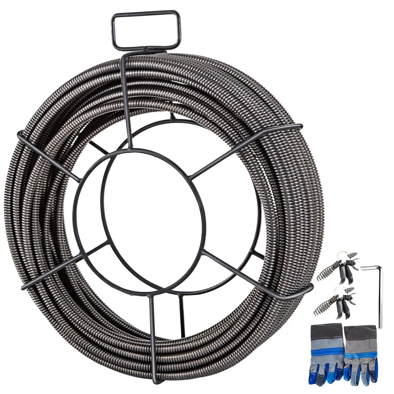 100 FT 3/8 Inch Solid Core Steel Drain Cleaning Cable with 4 Cutter for 2 to 4 Inch Pipes Sewer Auger for sink Floor Drain and Toilet