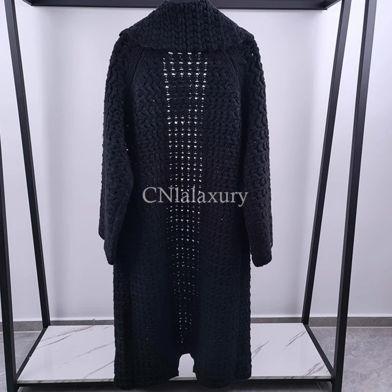 CNlalaxury 2024 Spring Women Lapel Pocket Long Knit Cardigan Overcoat Jacket Female Jacquard Hollow Out Sweater Coat Outwear New