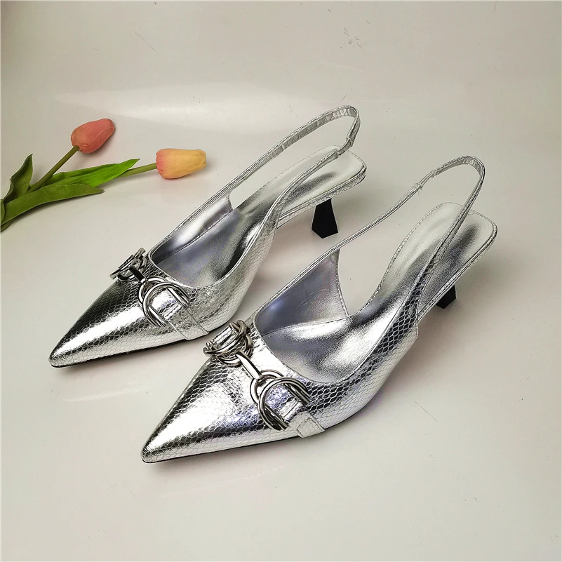 Meotina ZA INS Women Slingbacks Summer Sandals Pointed Toe High Heel Fashion Shoes Metal Decoration Ladies Footwear Brand Design