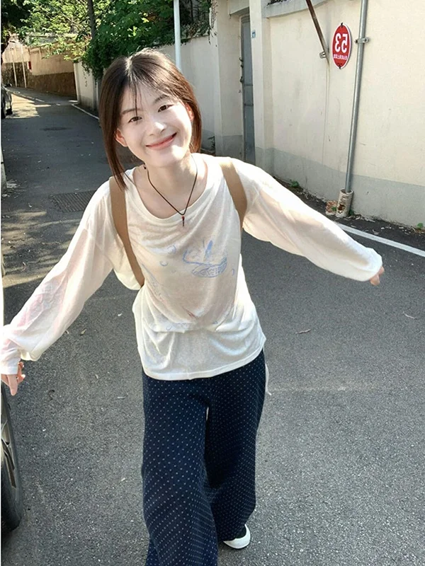 

Loose Long Sleeve Letter Print T-Shirt Women's Summer New Style Thin Cover up Top Casual Style Polyester Fiber round Neck