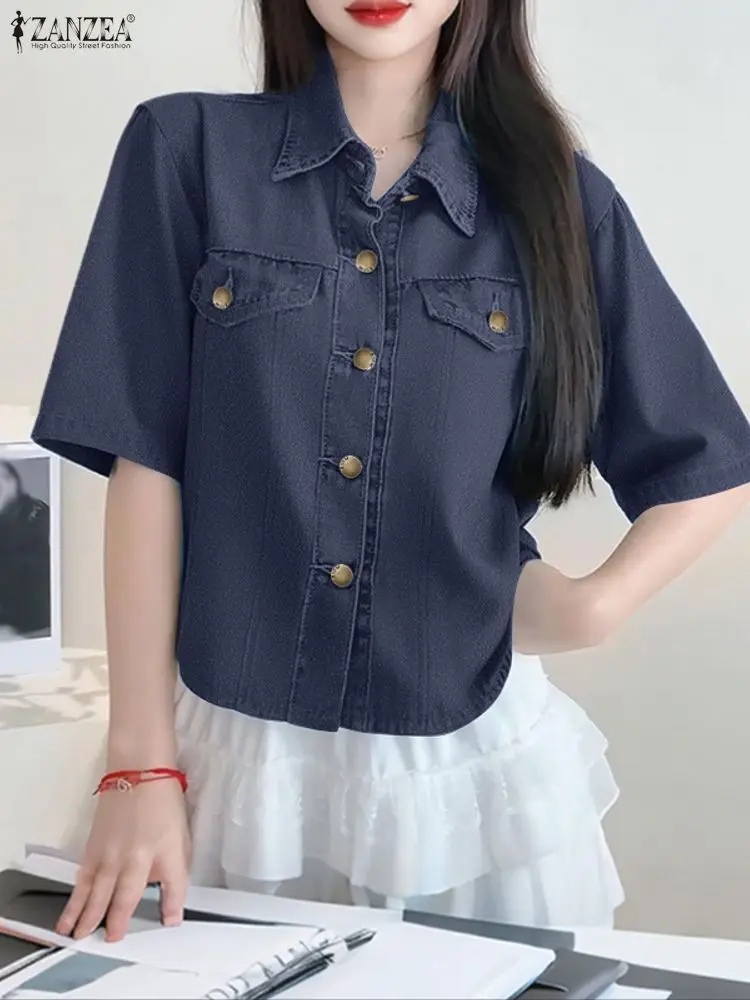 ZANZEA Women Shirts Fashion Short Sleeve Casual Solid Blouse 2025 Summer Lapel Buttons Elegant Office Lady Blusas Streetwear Top