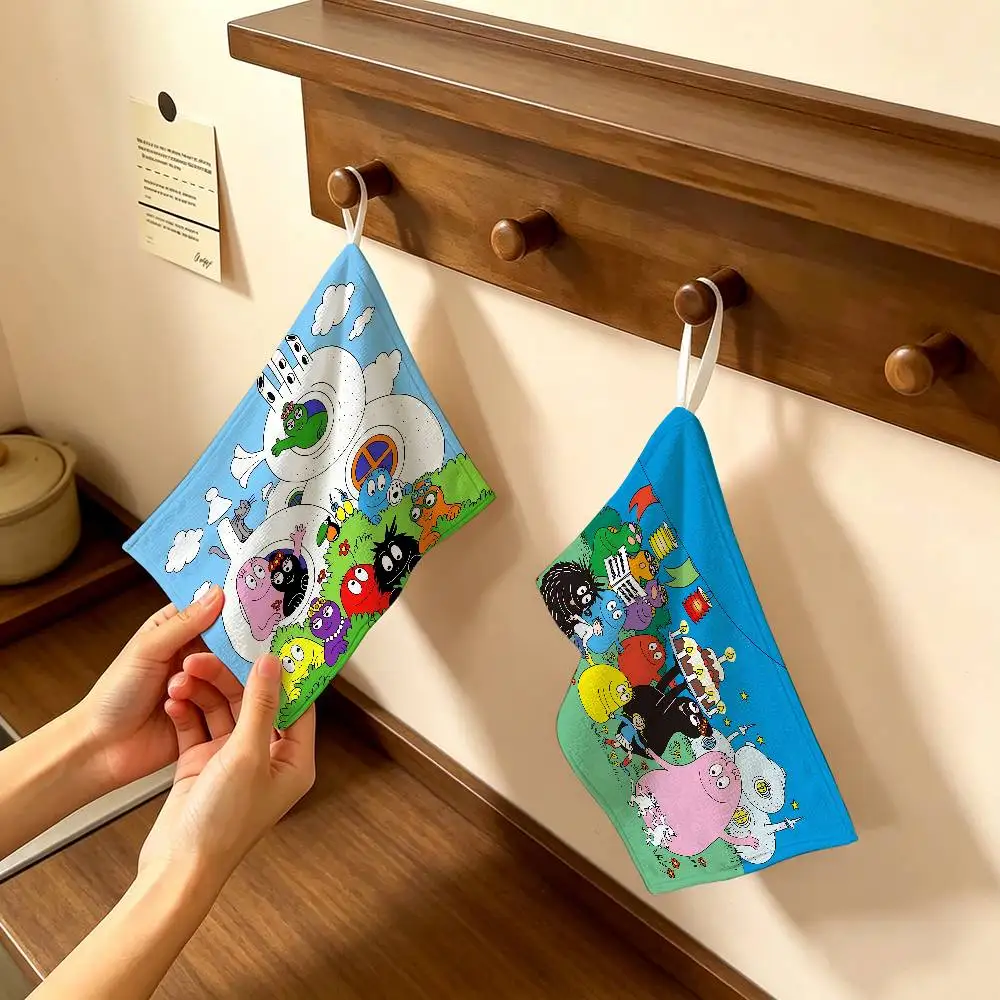 Cartoon Barbapapa Polyester Cotton Hand Wiping Towel, Hanging Design, Durable for Household Restaurant Toilet Use