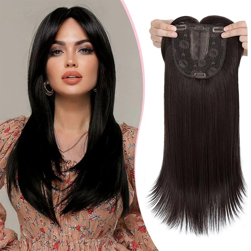 Clip in Synthetic Hair Topper with Bangs for Thinning Hair Long Wavy Hair Extensions Top Wiglet Hairpieces for Women 14 Inch