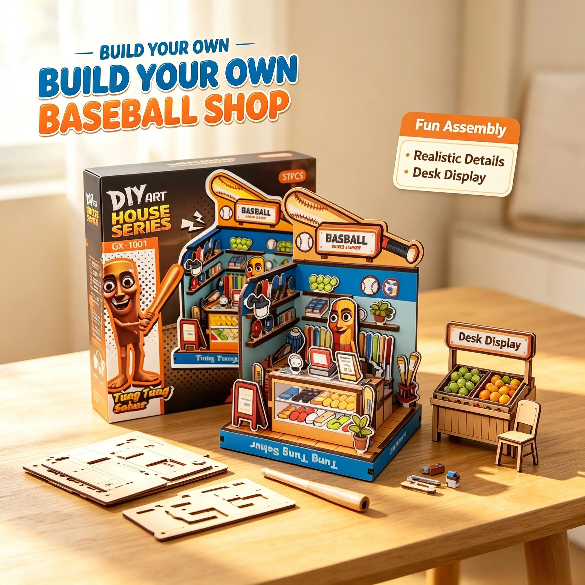 Cute Baseball Store DIY 3D Wooden Puzzle Mini Store Assembly Model Handmade Desktop Craft Decoration Gift Suitable for Boys and