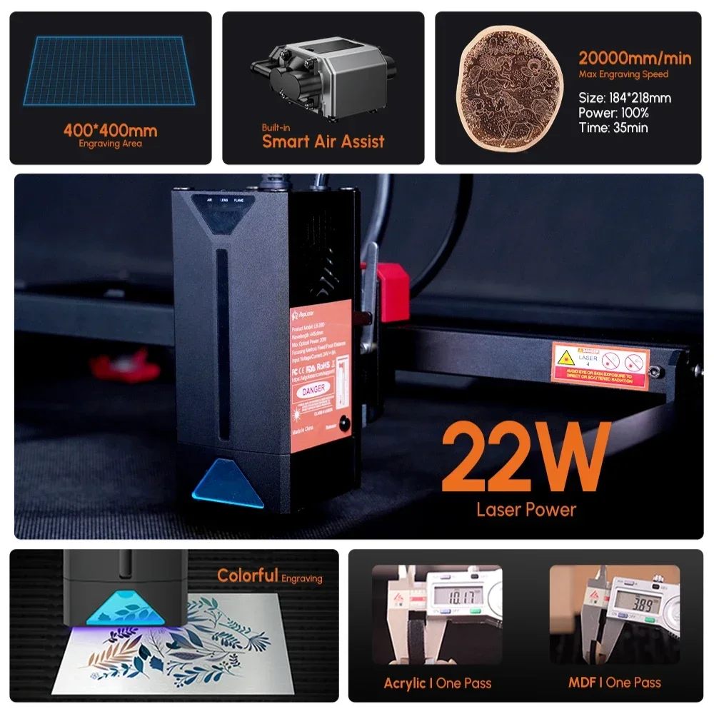 AlgoLaser 22W Laser Engraving Machine APP Control Colorful Metal Engraver Automatic Air-assist System Wood Acrylic Cutter