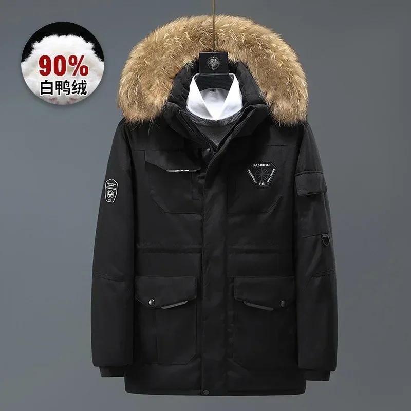 Fur Collar Winter Jackets Men Hooded Parka Coat Outdoor Thick Warm White Duck Down Jacket