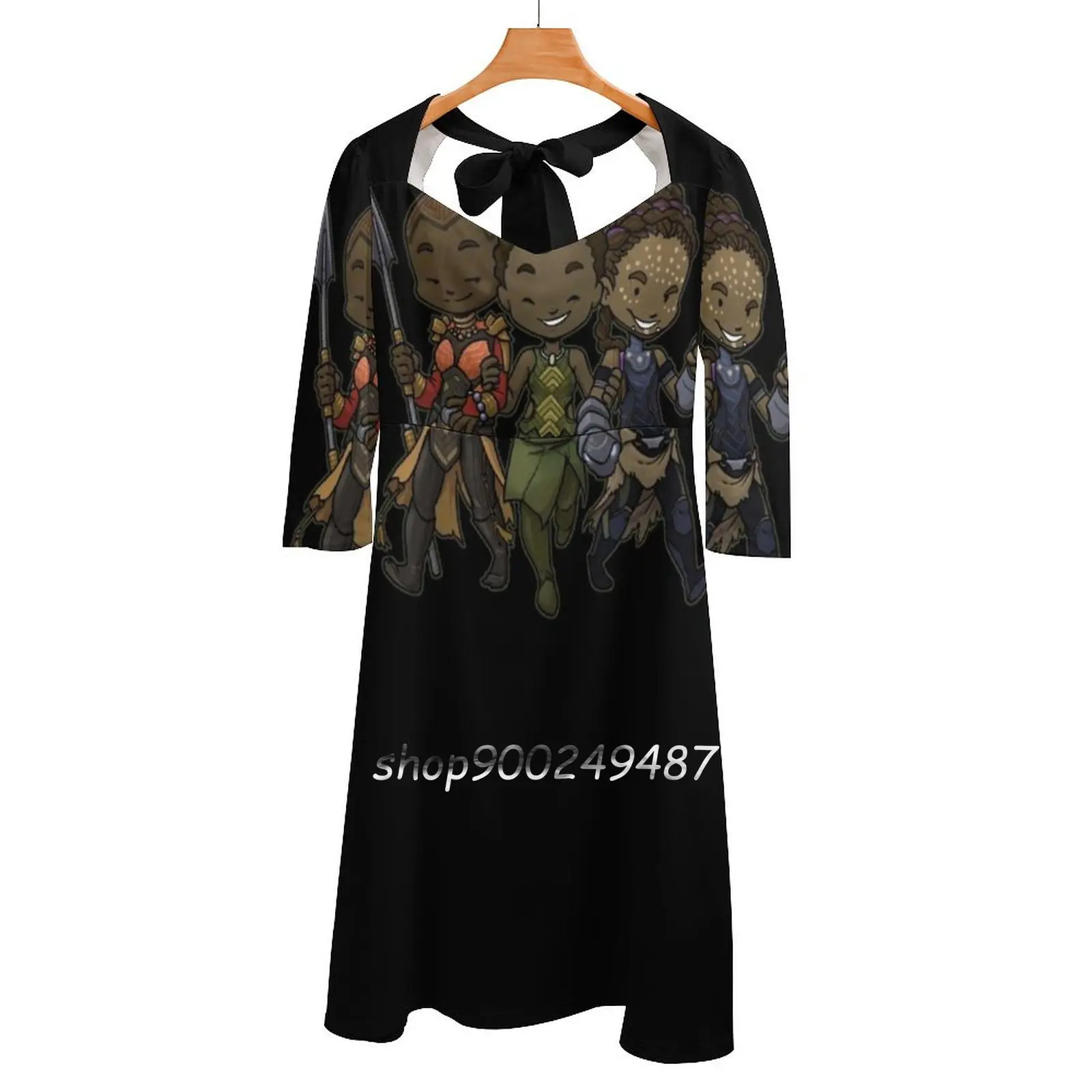 Panther Trio Square Neck Dress Cute Loose Print Dresses Elegant Beach Party Dress Wakanda Okoye Nakia Shuri Comics Superhero