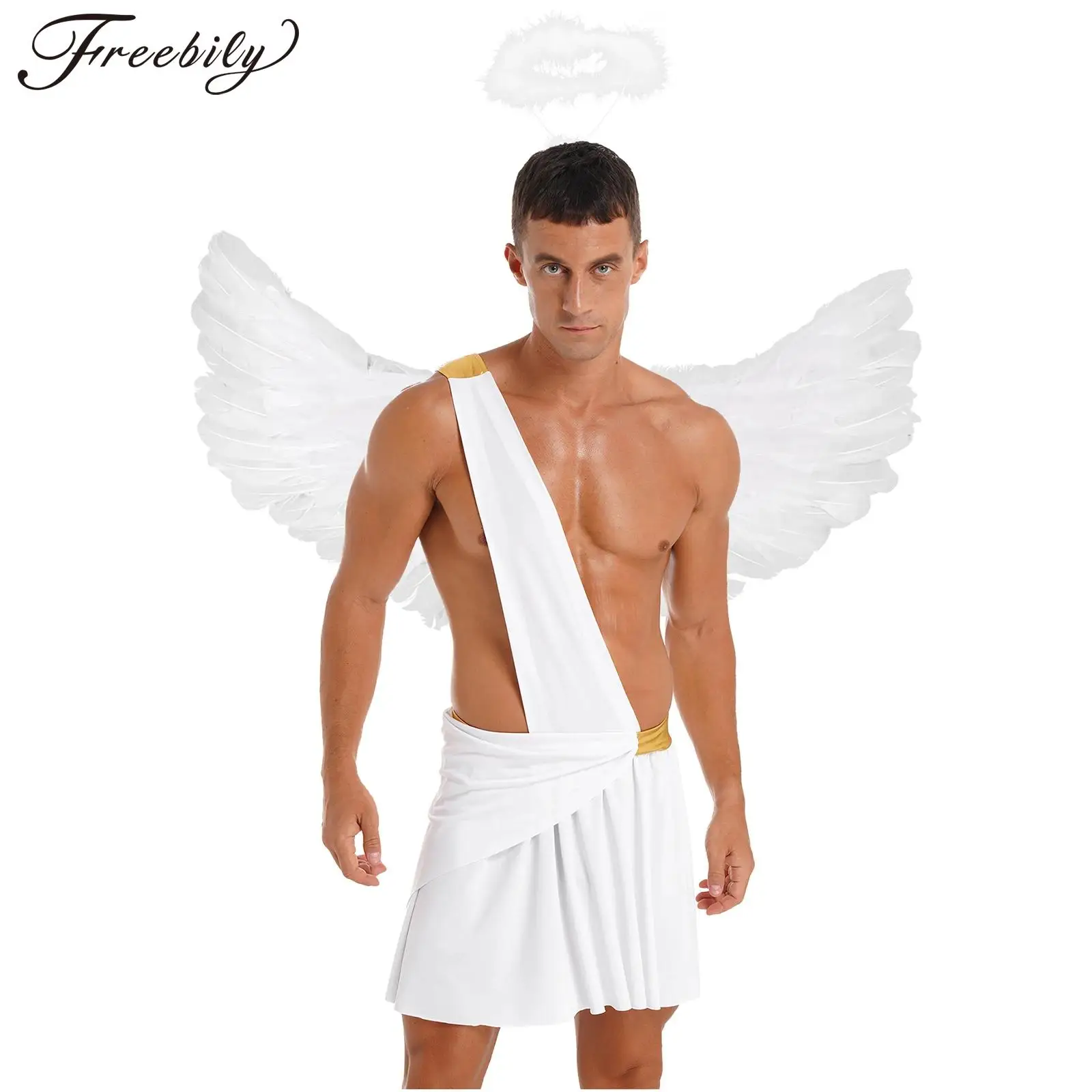Disfraz de Ángel para hombre, trajes de Cosplay de Halloween, conjunto de diadema y faldas con columpios de Ángel de 3 piezas, vestido elegante de Cupido del Dios del Amor