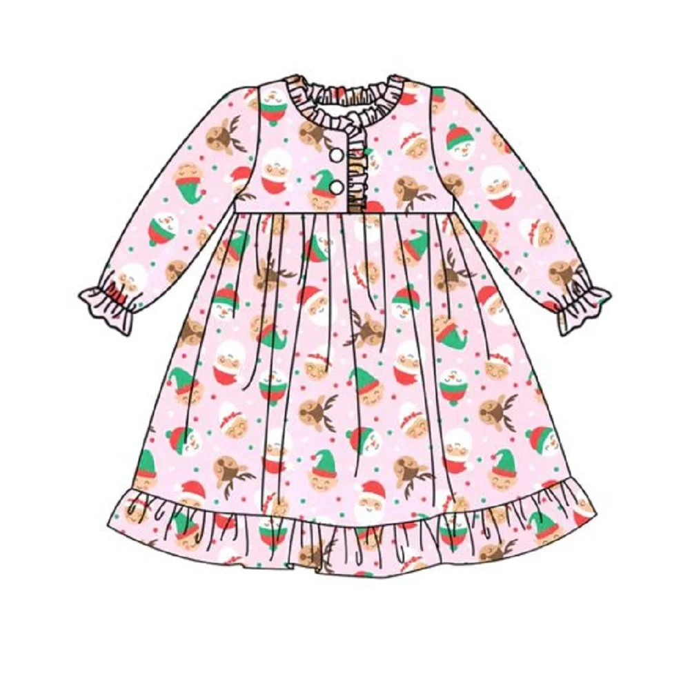 

Christmas Cute Cartoon Print Girls Autumn Ruffle Decoration Round Neck Long Sleeve Pink Boutique Dress