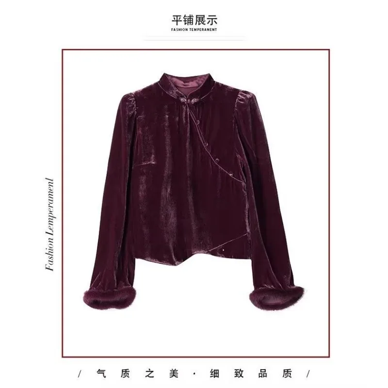 Gold Velvet Long-sleeved Velvet New Design Autumn Retro Top Temperament Chinese Style Bottom Button Shirt Outer Wear