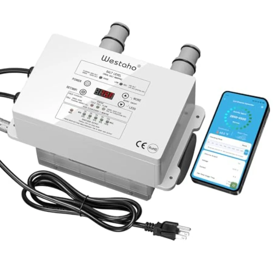 

WiFi Salt Chlorine Generator for above ground pools up to 15, 000 gallons, titanium salt cell, white, APP remote control