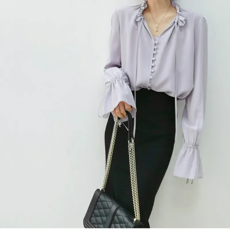 New French Court Style Ruffled Lace Collar Pullover Long-sleeved Sand-washed Silk Mulberry Purple Tops Women Shirt