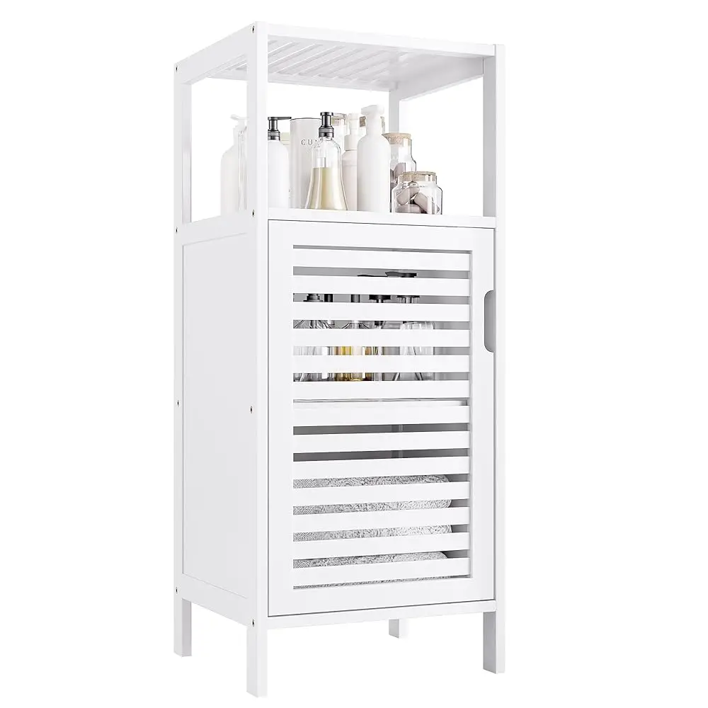 

Bamboo Bathroom Storage Cabinet, 4 Tier Small White Floor Cabinet With Single Door, Free Standing Slim Narrow Storage Organizer