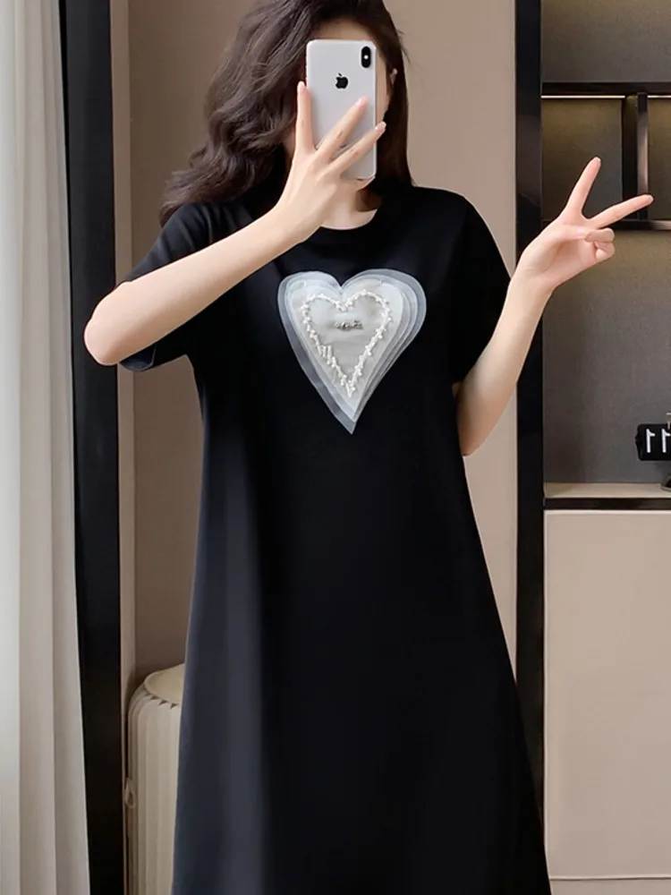 #7954 Black T Shirt Dress Women Spliced Lace Streetwear Straight Korean Fashion Short Sleeve Tshirt Dress Round Neck Summer