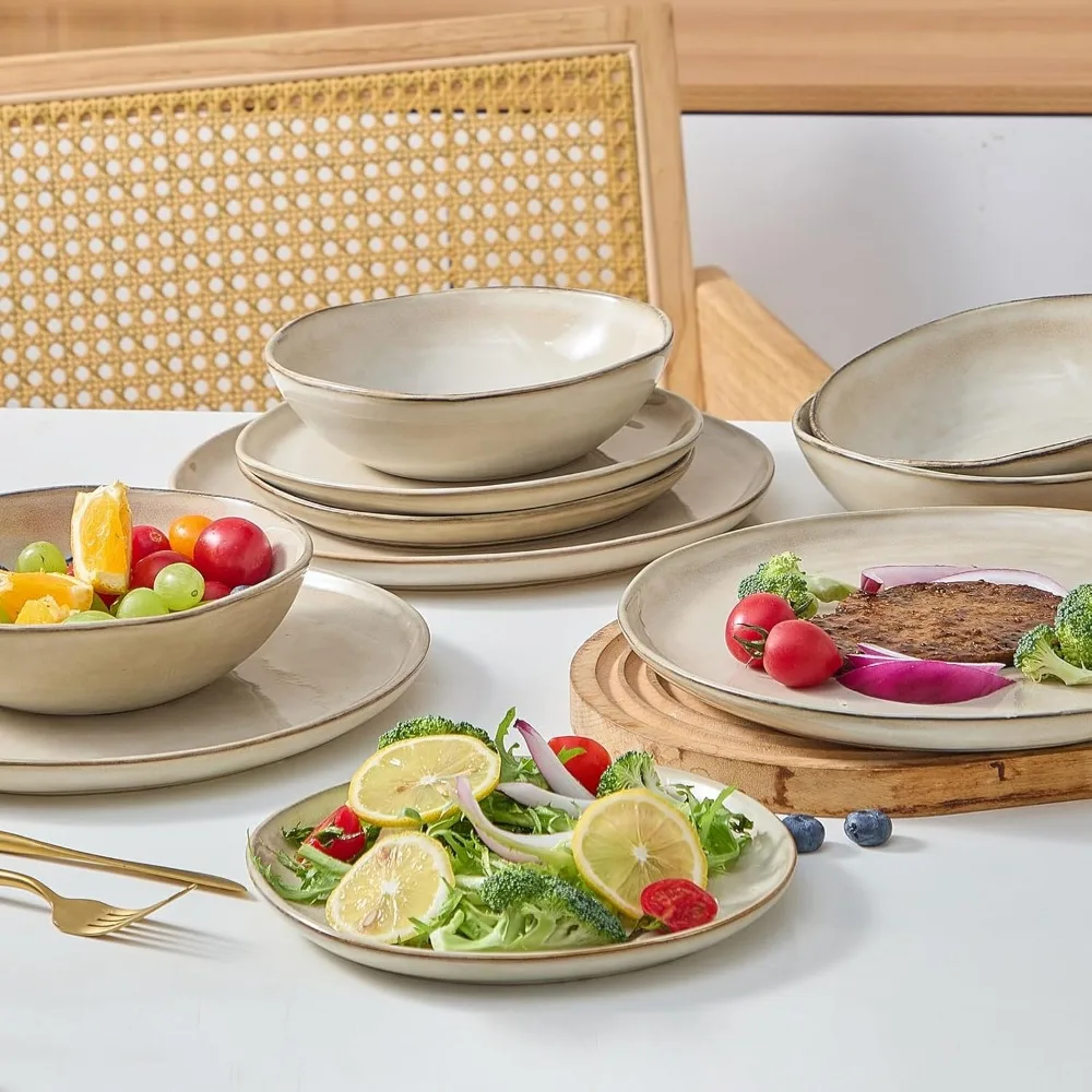 Ceramic tableware set, handmade reaction glaze plate and bowl set, anti shatter and crack resistant, dishwasher/microwave safe