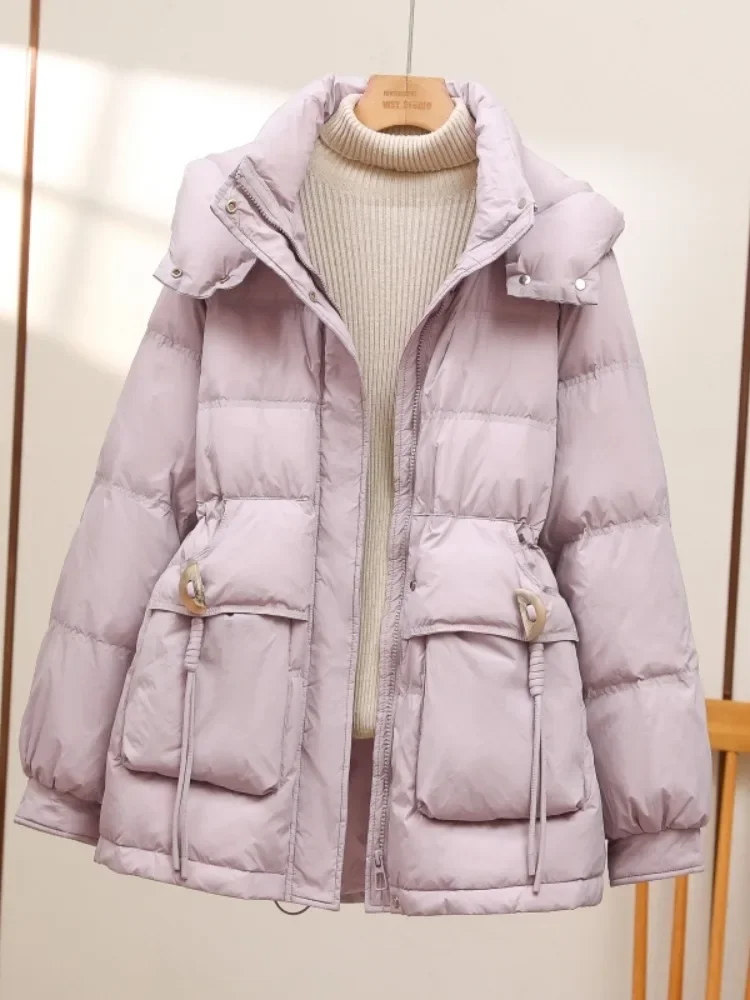 Jaqueta feminina com fivela de canto, casaco coreano com capuz, cintura quente grossa solta, puffer de pato branco longo elegante emagrecedor, moda inverno