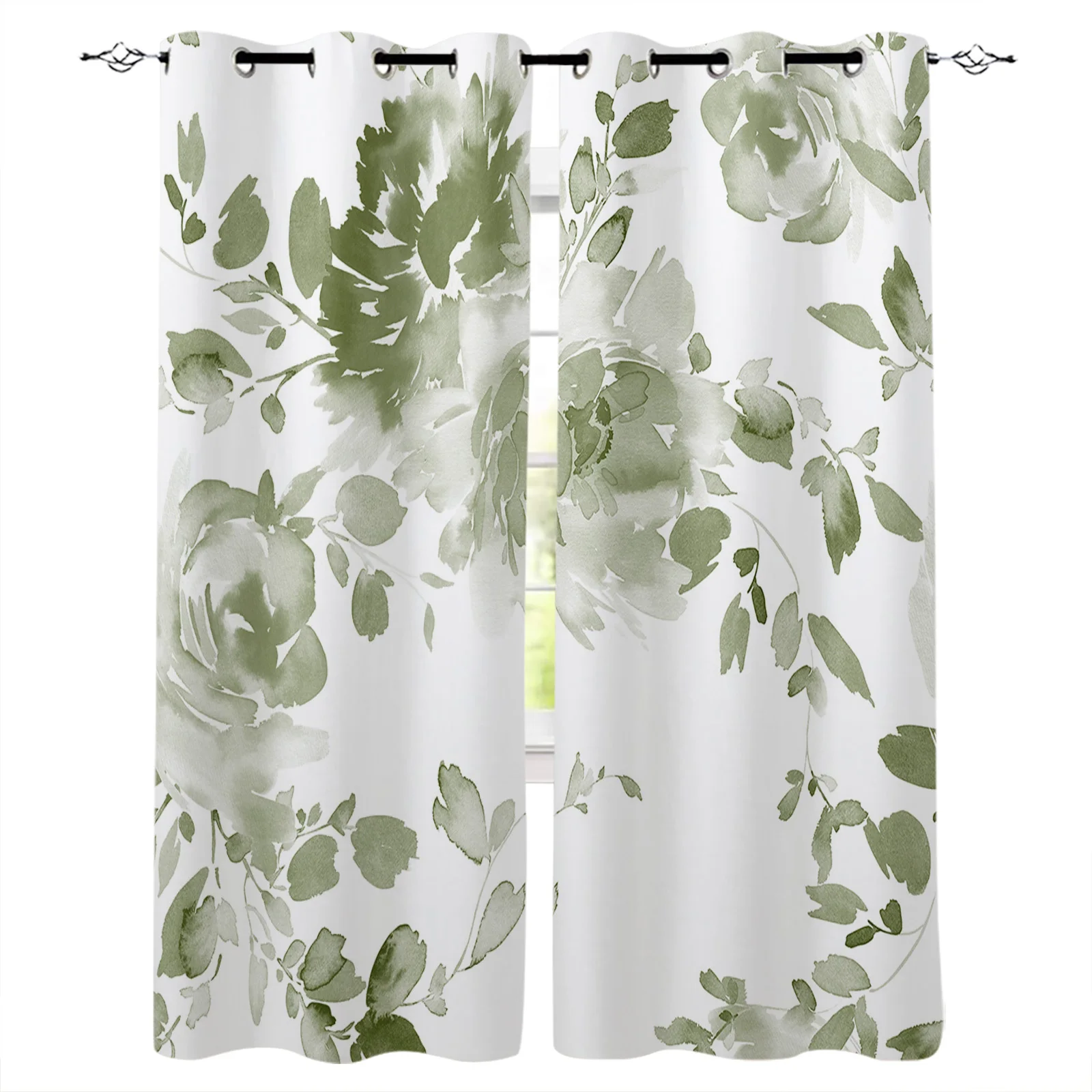 Sage Green Watercolor Flowers Window Curtain Living Room Kitchen Curtain Panel Blackout Curtains For Bedroom