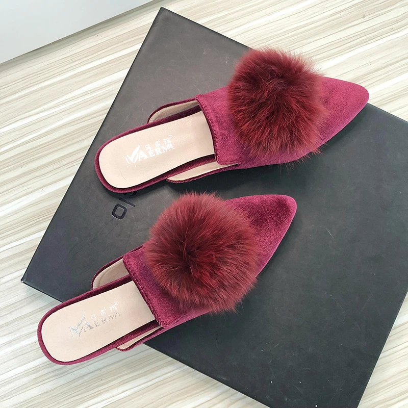 Women Mules Pointed Toe Flock Leather Big Furry Ball 2022 Spring Summer Stylish Slippers for Women Size 33-43 Solid Color Flats