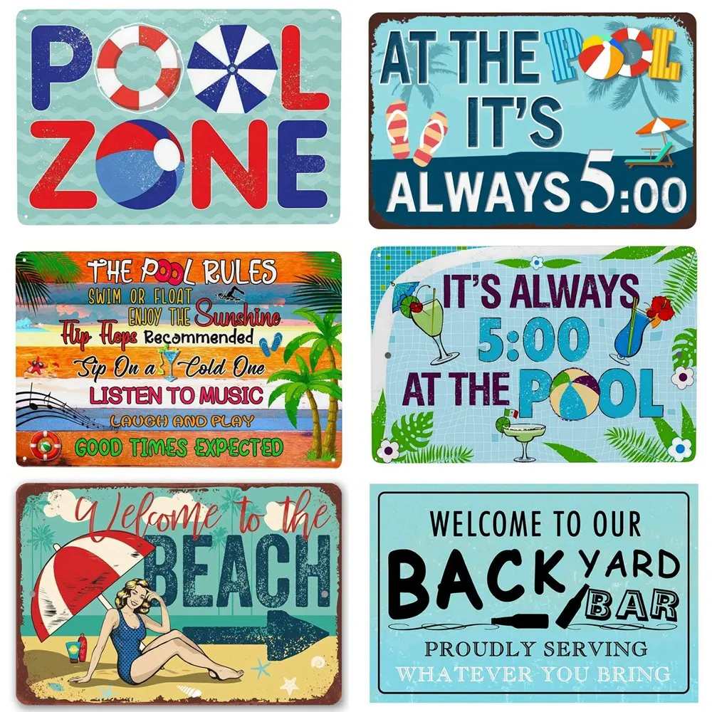 Pool Zone Metal Sign, It's 5 O'Clock at the Pool, Vintage Pool Sign, Funny Pool Decor, Tiki Bar Wall Art, Outdoor Decor