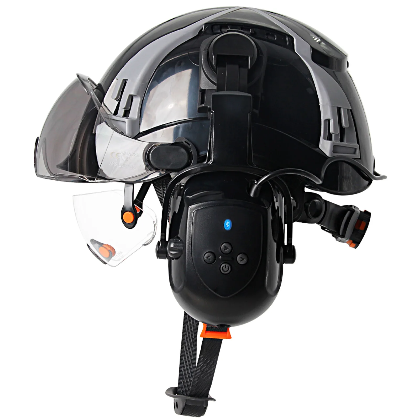 CE Safety Helmet w/ 5.0 Bluetooth Earmuffs Built In Goggles ABS ANSI Construction Engineer Work Hat Head Protection Hard Hat New