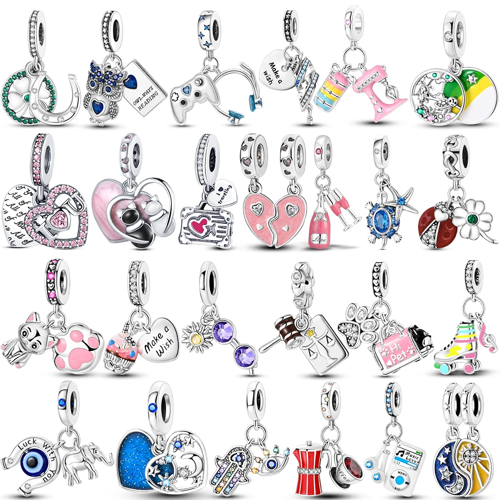 Versilbertes Herz Haustier Katzen Kaffee Kopfhörer Charms Perlen passen Original Armreif Charm Anhänger baumeln Armband DIY Schmuck Geschenk