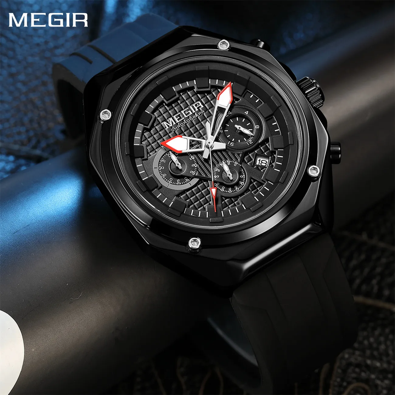 MEGIR كرونوغراف سيليكون حزام الرياضة ساعات كوارتز للرجال 3ATM مقاوم للماء التقويم الذكور ساعة اليد ساعة Relogio Masculino #1